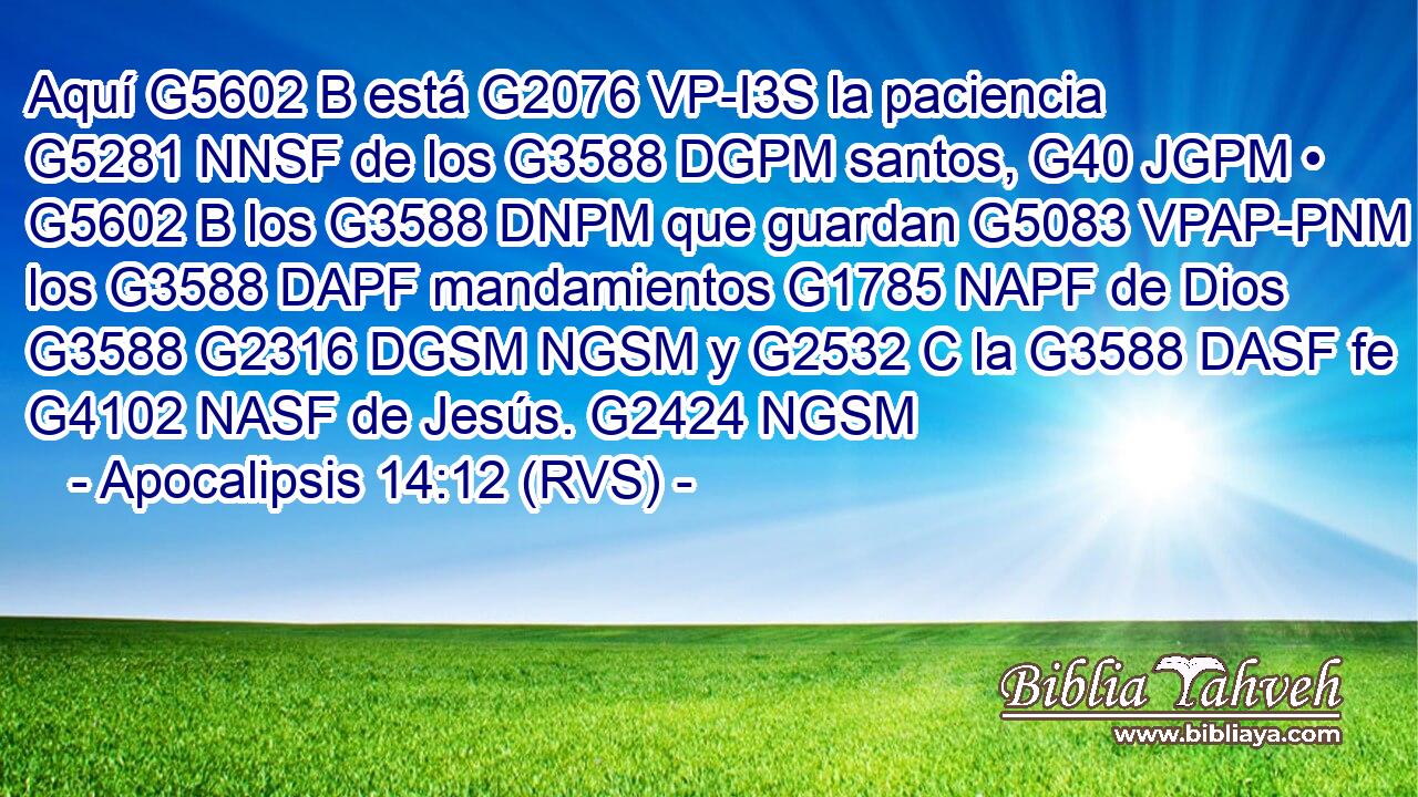 Aquí G5602 B está G2076 VP-I3S la paciencia G5281 NNSF de los G3588 DGPM santos, G40 JGPM • G5602 B los G3588 DNPM que guardan G5083 VPAP-PNM los G3588 DAPF mandamientos G1785 NAPF de Dios G3588 G2316 DGSM NGSM y G2532 C la G3588 DASF fe G4102 NASF de Jesús. G2424 NGSM 