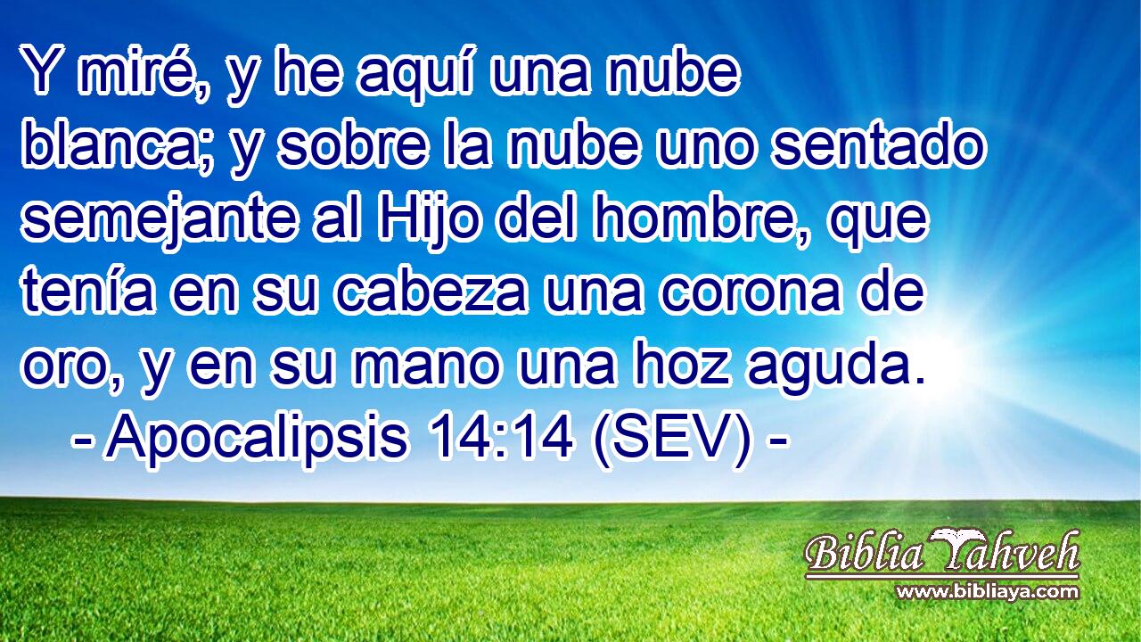 Y miré, y he aquí una nube blanca; y sobre la nube uno sentado semejante al Hijo del hombre, que tenía en su cabeza una corona de oro, y en su mano una hoz aguda.