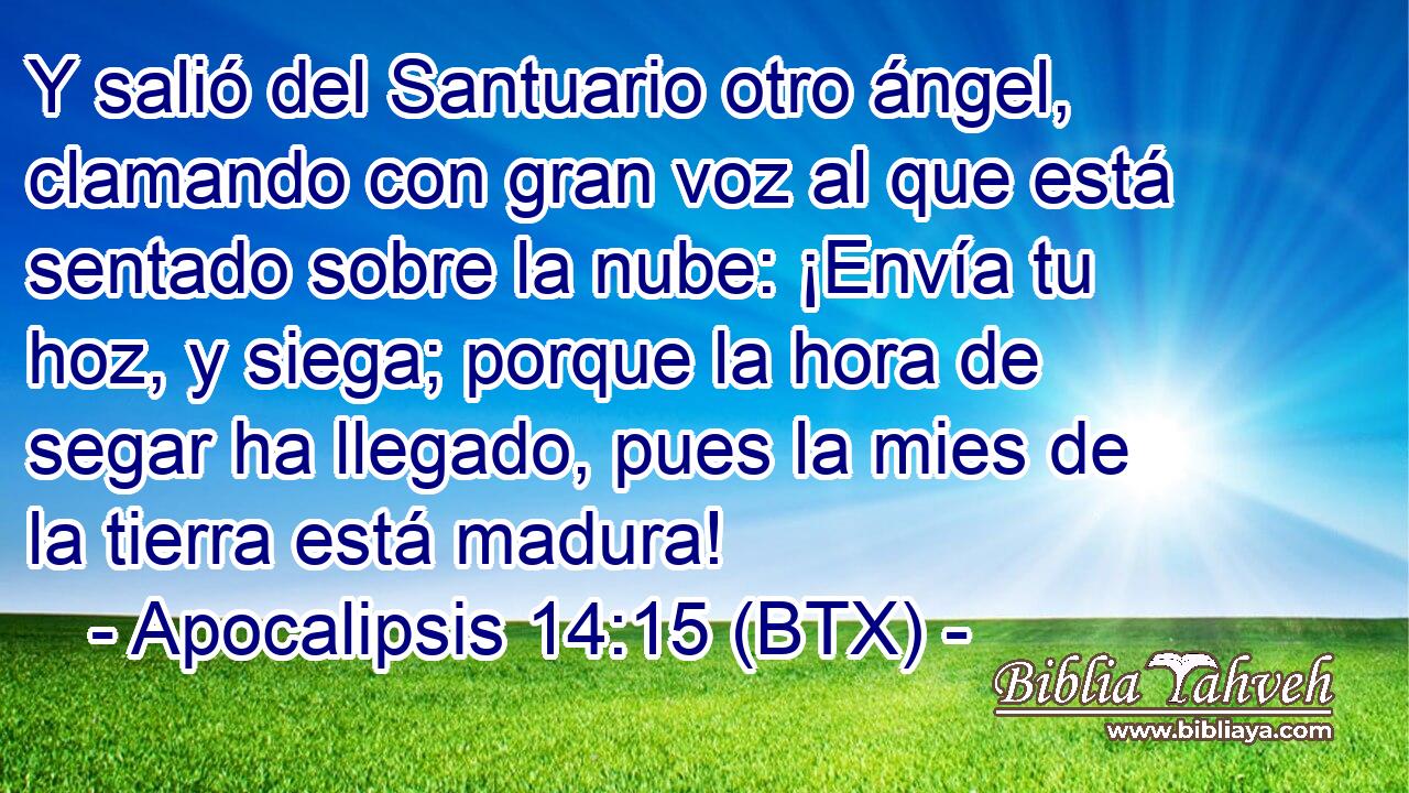 Y salió del Santuario otro ángel, clamando con gran voz al que está sentado sobre la nube: ¡Envía tu hoz, y siega; porque la hora de segar ha llegado, pues la mies de la tierra está madura!