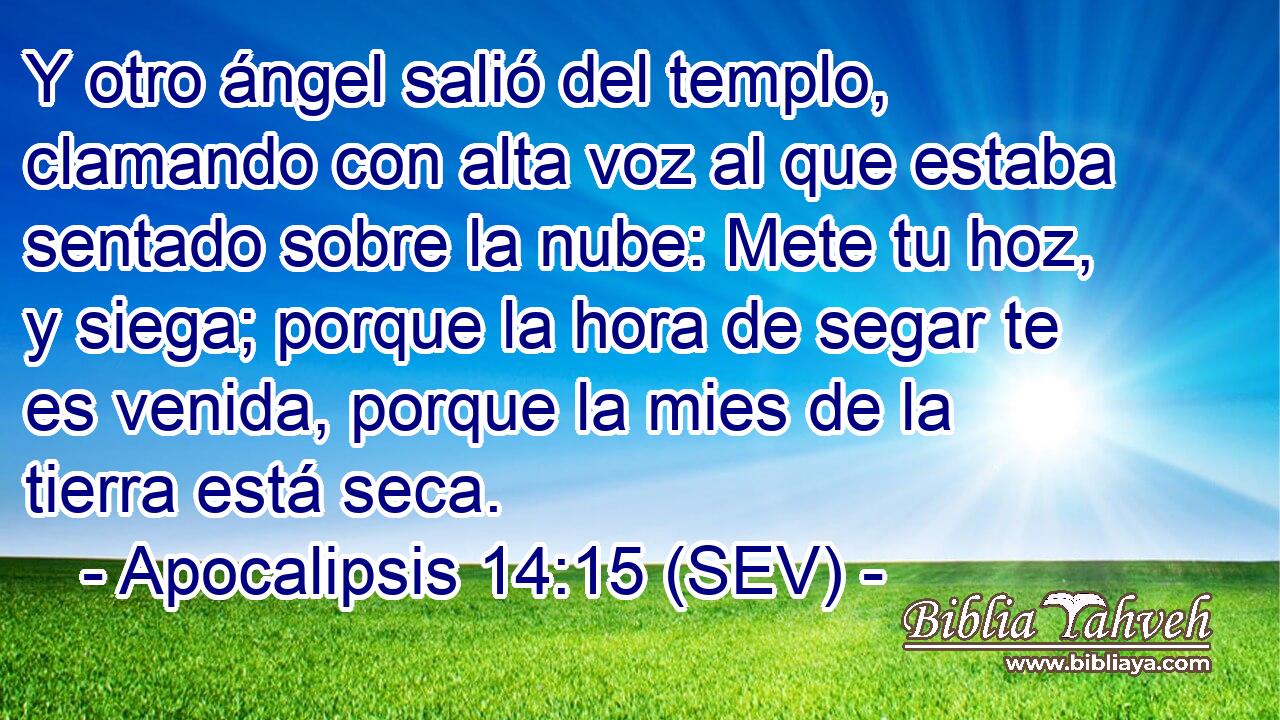 Y otro ángel salió del templo, clamando con alta voz al que estaba sentado sobre la nube: Mete tu hoz, y siega; porque la hora de segar te es venida, porque la mies de la tierra está seca.
