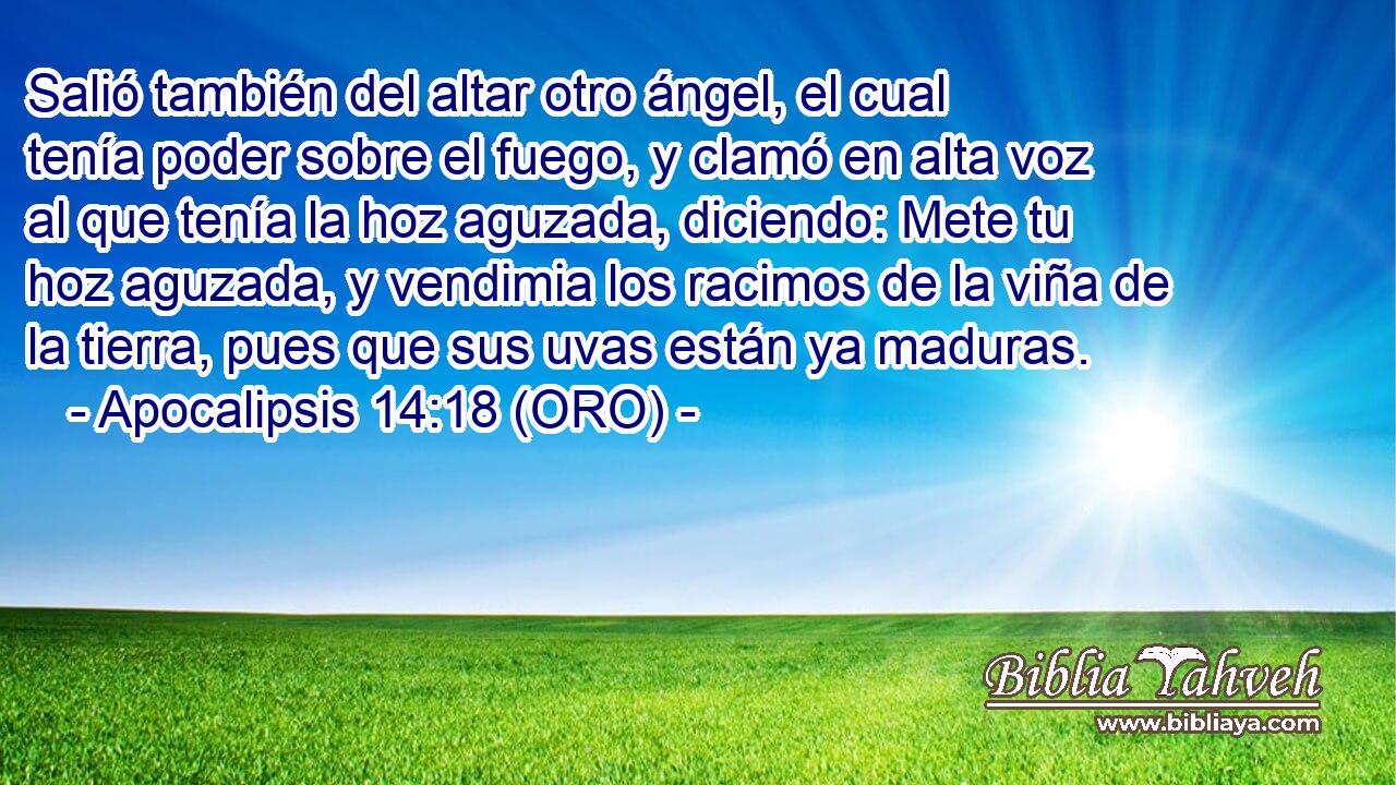  Salió también del altar otro ángel, el cual tenía poder sobre el fuego, y clamó en alta voz al que tenía la hoz aguzada, diciendo: Mete tu hoz aguzada, y vendimia los racimos de la viña de la tierra, pues que sus uvas están ya maduras. 