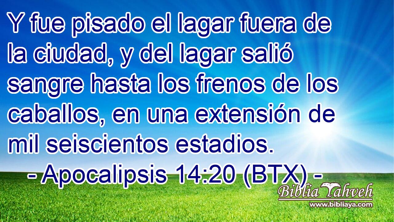 Y fue pisado el lagar fuera de la ciudad, y del lagar salió sangre hasta los frenos de los caballos, en una extensión de mil seiscientos estadios.