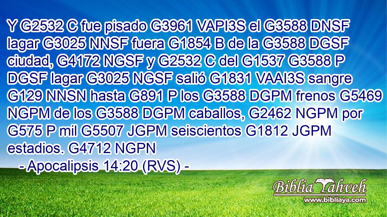 Y G2532 C fue pisado G3961 VAPI3S el G3588 DNSF lagar G3025 NNSF fuera G1854 B de la G3588 DGSF ciudad, G4172 NGSF y G2532 C del G1537 G3588 P DGSF lagar G3025 NGSF salió G1831 VAAI3S sangre G129 NNSN hasta G891 P los G3588 DGPM frenos G5469 NGPM de los G3588 DGPM caballos, G2462 NGPM por G575 P mil G5507 JGPM seiscientos G1812 JGPM estadios. G4712 NGPN 