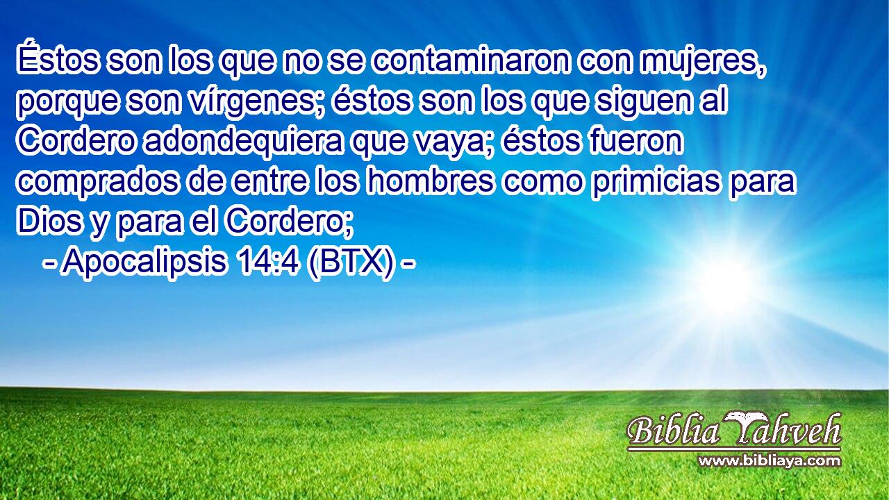 Éstos son los que no se contaminaron con mujeres, porque son vírgenes; éstos son los que siguen al Cordero adondequiera que vaya; éstos fueron comprados de entre los hombres como primicias para Dios y para el Cordero;