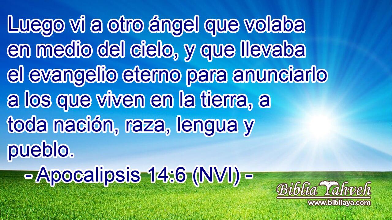  Luego vi a otro ángel que volaba en medio del cielo, y que llevaba el evangelio eterno para anunciarlo a los que viven en la tierra, a toda nación, raza, lengua y pueblo. 