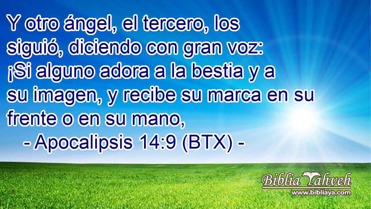 Y otro ángel, el tercero, los siguió, diciendo con gran voz: ¡Si alguno adora a la bestia y a su imagen, y recibe su marca en su frente o en su mano,