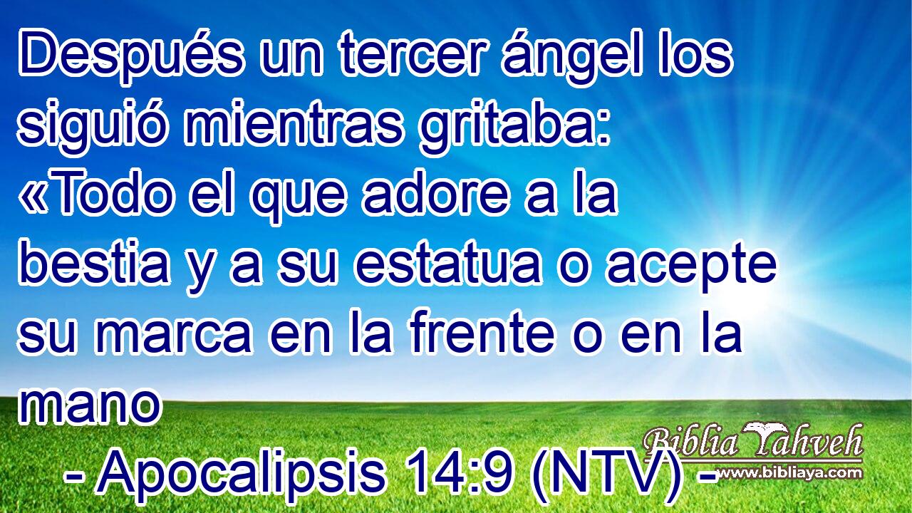 Después un tercer ángel los siguió mientras gritaba: «Todo el que adore a la bestia y a su estatua o acepte su marca en la frente o en la mano