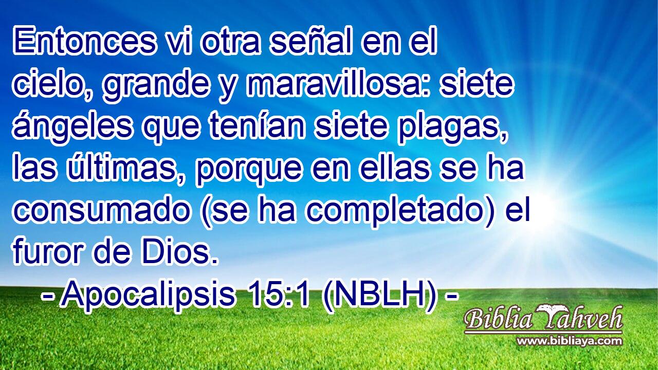  Entonces vi otra señal en el cielo, grande y maravillosa: siete ángeles que tenían siete plagas, las últimas, porque en ellas se ha consumado (se ha completado) el furor de Dios. 