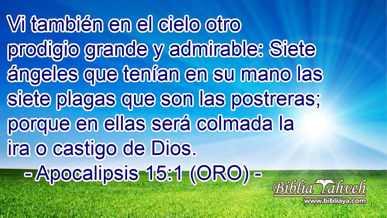  Vi también en el cielo otro prodigio grande y admirable: Siete ángeles que tenían en su mano las siete plagas que son las postreras; porque en ellas será colmada la ira o castigo de Dios. 