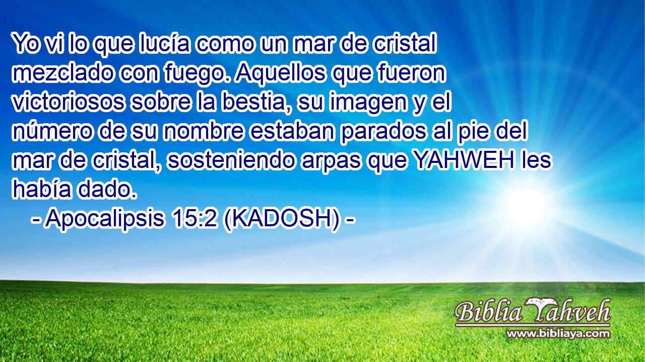  Yo vi lo que lucía como un mar de cristal mezclado con fuego. Aquellos que fueron victoriosos sobre la bestia, su imagen y el número de su nombre estaban parados al pie del mar de cristal, sosteniendo arpas que YAHWEH les había dado. 