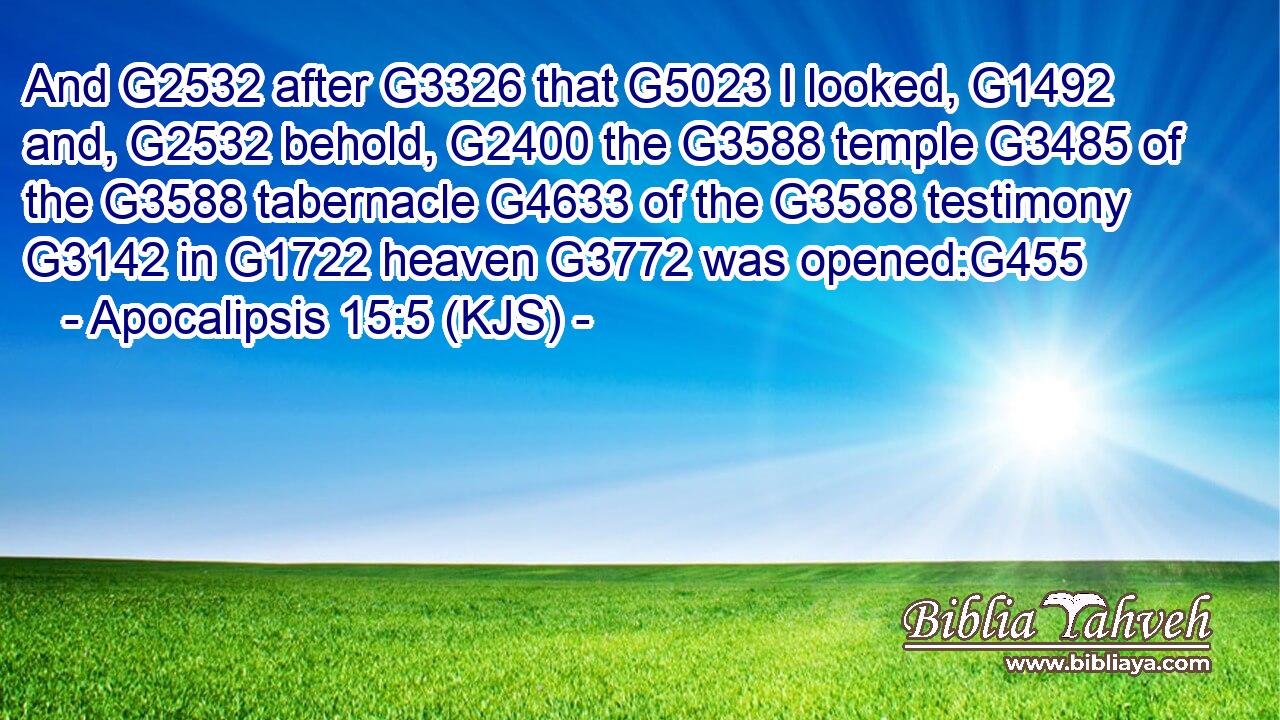 And G2532 after G3326 that G5023 I looked, G1492 and, G2532 behold, G2400 the G3588 temple G3485 of the G3588 tabernacle G4633 of the G3588 testimony G3142 in G1722 heaven G3772 was opened:G455