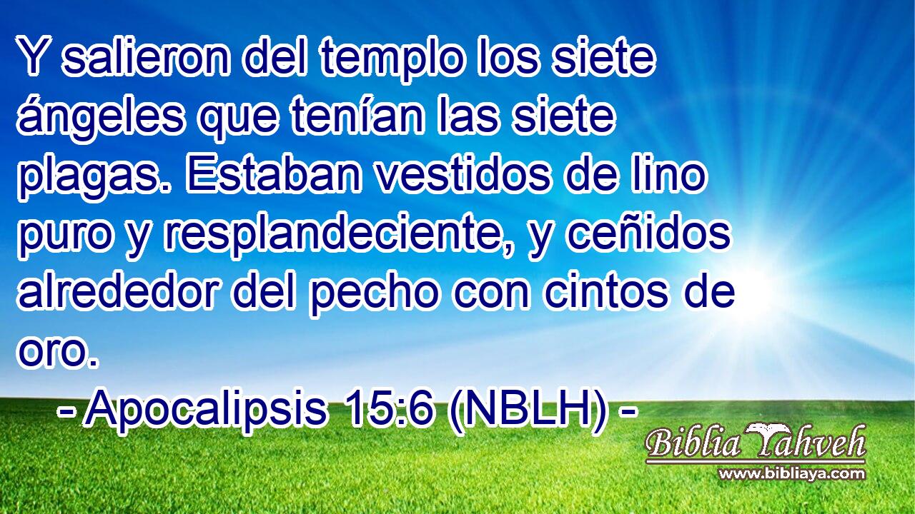  Y salieron del templo los siete ángeles que tenían las siete plagas. Estaban vestidos de lino puro y resplandeciente, y ceñidos alrededor del pecho con cintos de oro. 