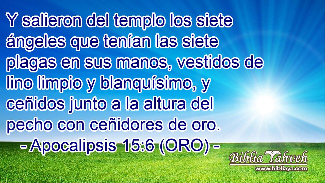  Y salieron del templo los siete ángeles que tenían las siete plagas en sus manos, vestidos de lino limpio y blanquísimo, y ceñidos junto a la altura del pecho con ceñidores de oro. 