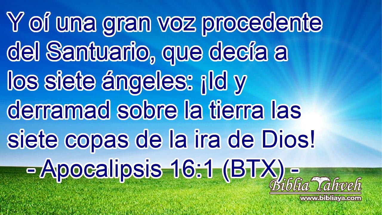 Y oí una gran voz procedente del Santuario, que decía a los siete ángeles: ¡Id y derramad sobre la tierra las siete copas de la ira de Dios!