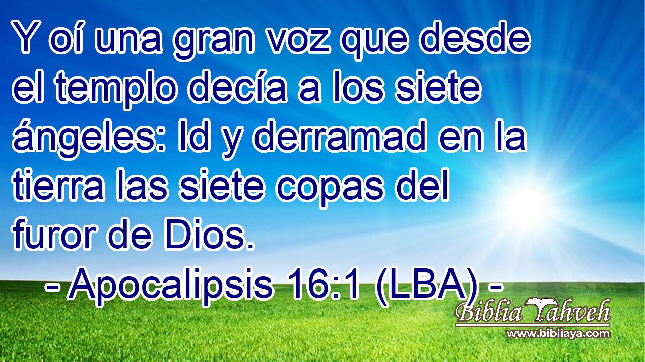 Y oí una gran voz que desde el templo decía a los siete ángeles: Id y derramad en la tierra las siete copas del furor de Dios.