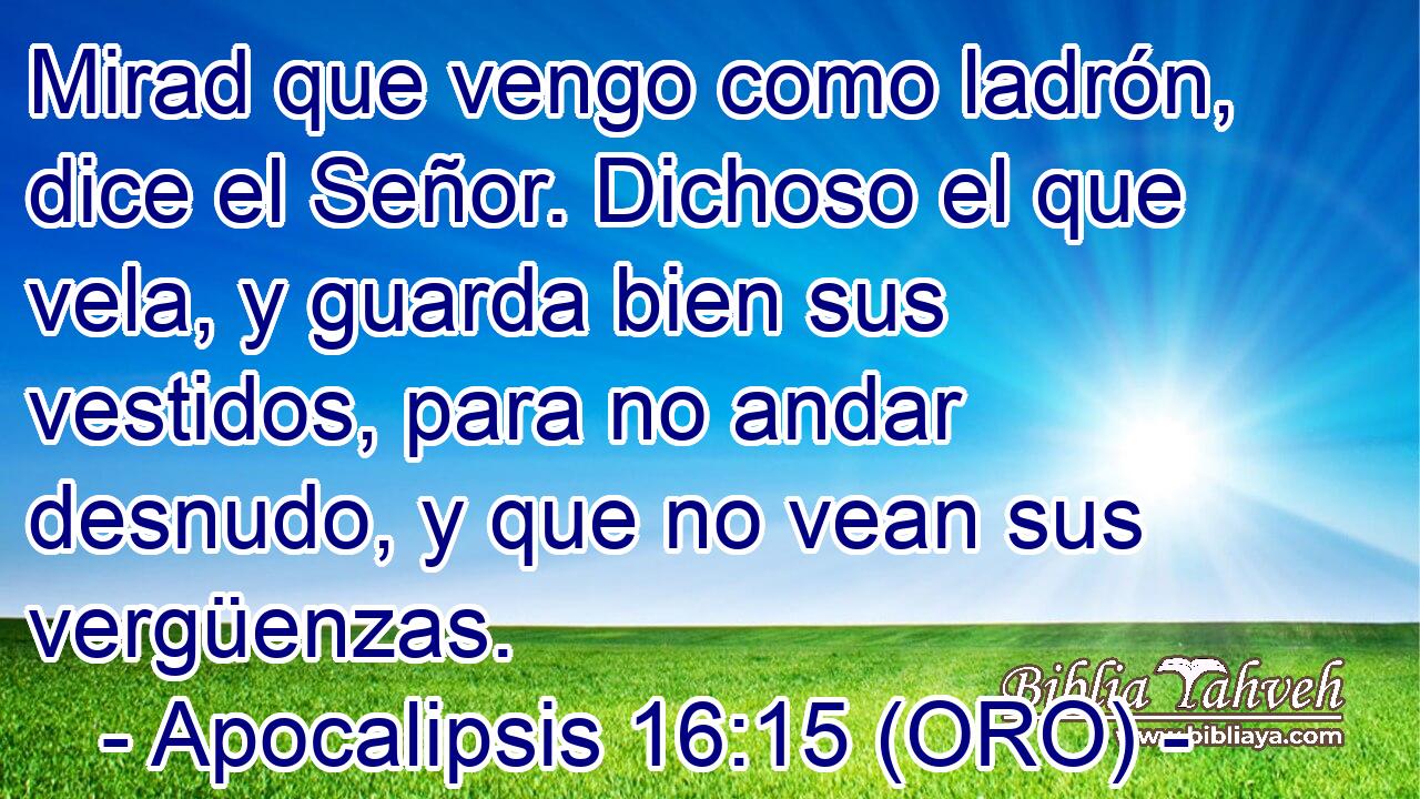  Mirad que vengo como ladrón, dice el Señor. Dichoso el que vela, y guarda bien sus vestidos, para no andar desnudo, y que no vean sus vergüenzas. 