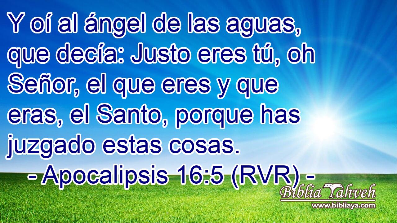 Y oí al ángel de las aguas, que decía: Justo eres tú, oh Señor, el que eres y que eras, el Santo, porque has juzgado estas cosas.