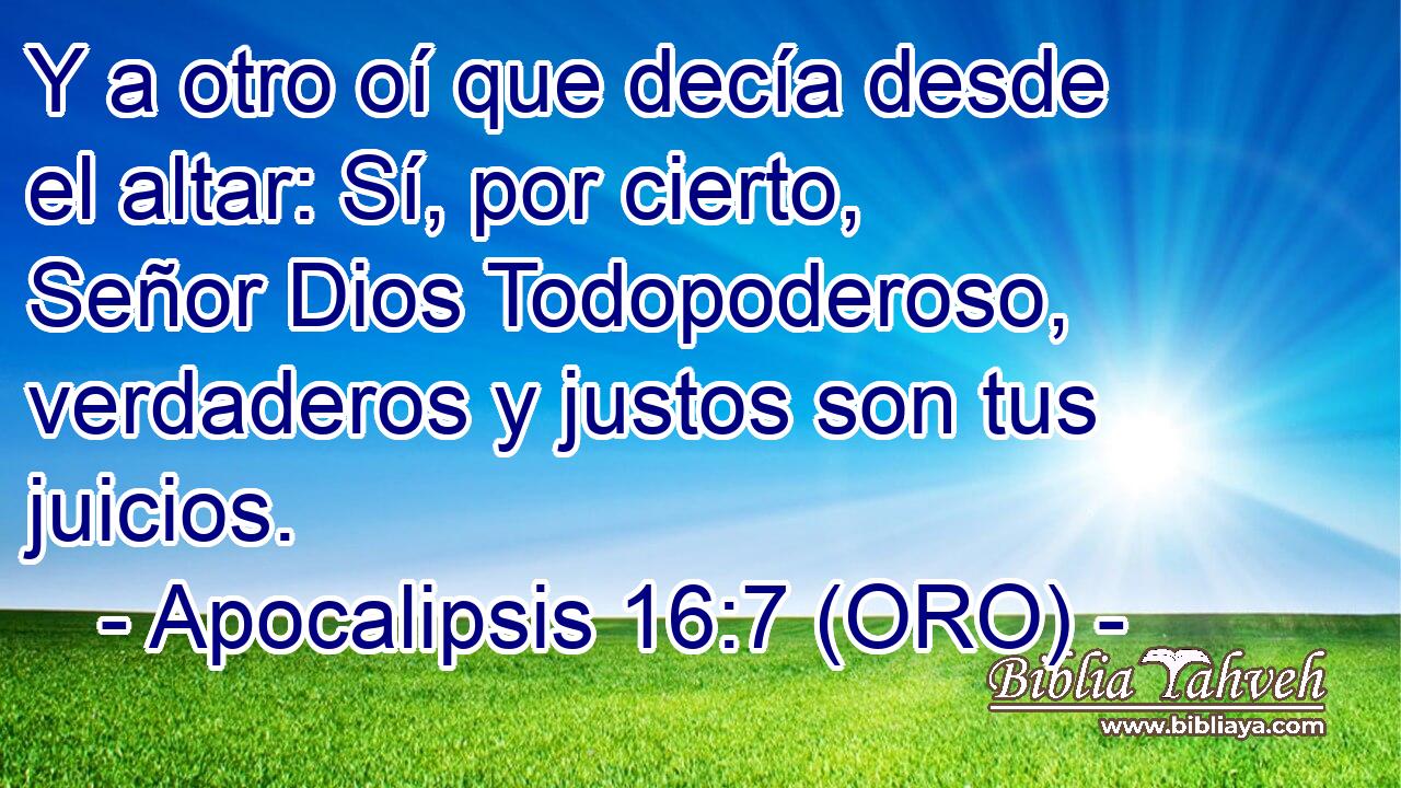  Y a otro oí que decía desde el altar: Sí, por cierto, Señor Dios Todopoderoso, verdaderos y justos son tus juicios. 