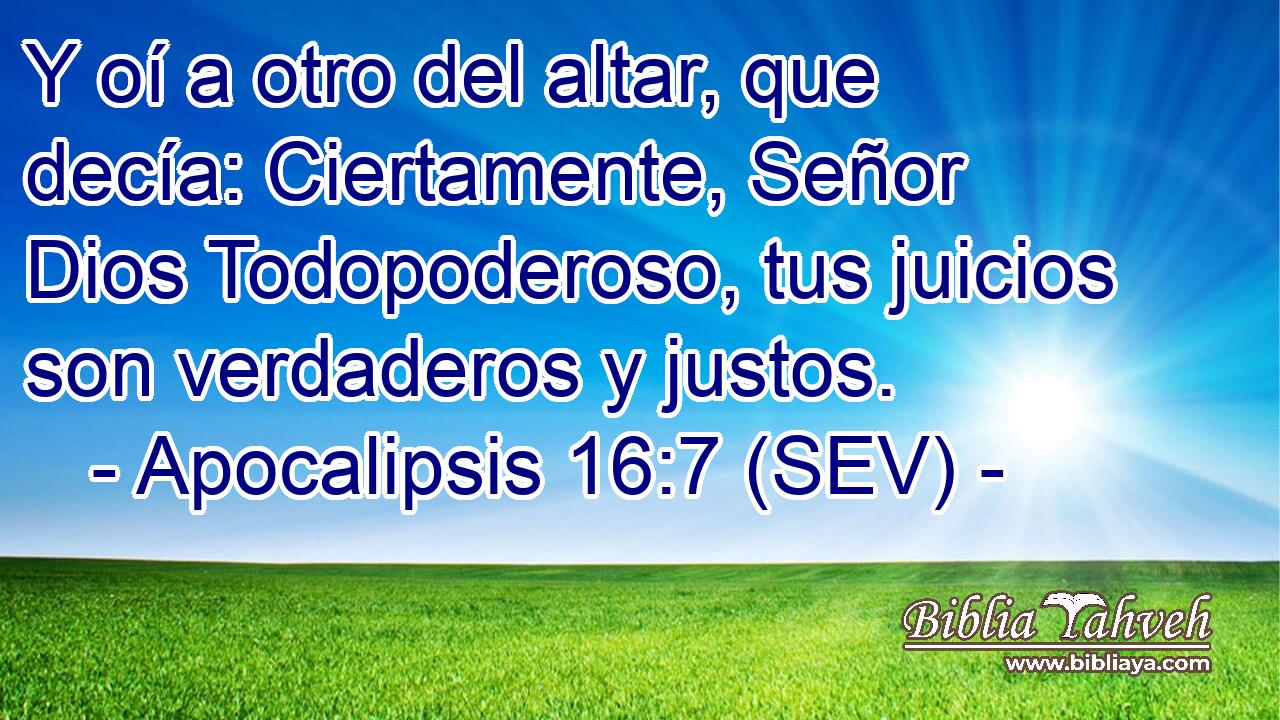 Y oí a otro del altar, que decía: Ciertamente, Señor Dios Todopoderoso, tus juicios son verdaderos y justos.