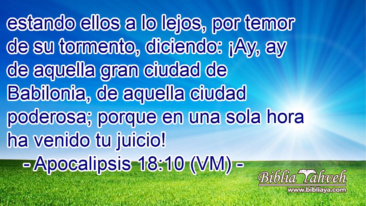  estando ellos a lo lejos, por temor de su tormento, diciendo: ¡Ay, ay de aquella gran ciudad de Babilonia, de aquella ciudad poderosa; porque en una sola hora ha venido tu juicio! 