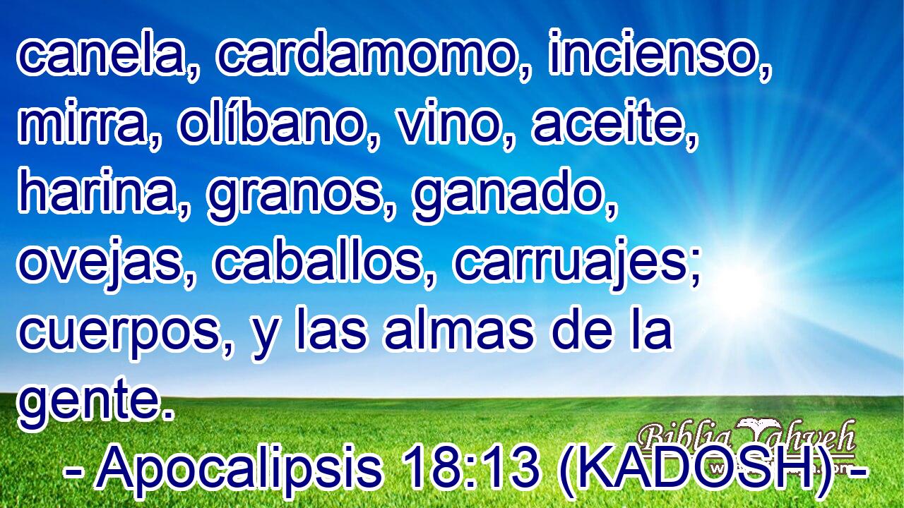  canela, cardamomo, incienso, mirra, olíbano, vino, aceite, harina, granos, ganado, ovejas, caballos, carruajes; cuerpos, y las almas de la gente. 