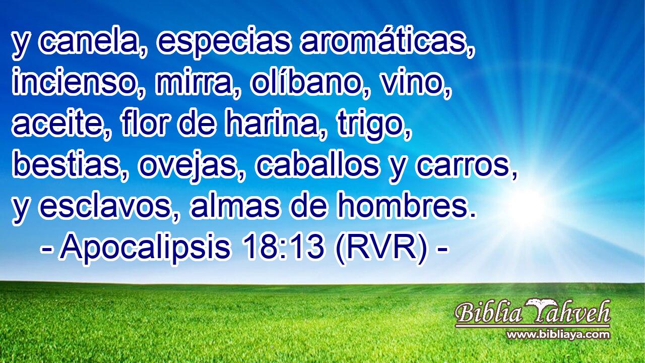 y canela, especias aromáticas, incienso, mirra, olíbano, vino, aceite, flor de harina, trigo, bestias, ovejas, caballos y carros, y esclavos, almas de hombres.