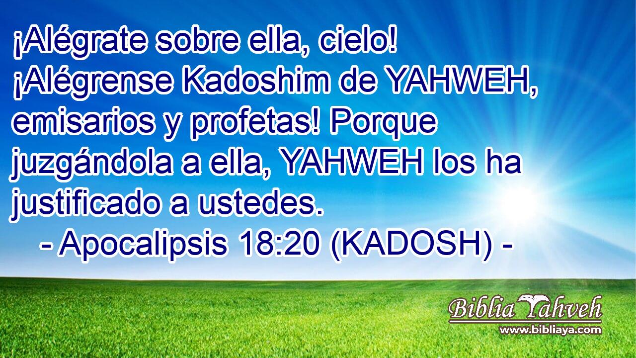  ¡Alégrate sobre ella, cielo! ¡Alégrense Kadoshim de YAHWEH, emisarios y profetas! Porque juzgándola a ella, YAHWEH los ha justificado a ustedes. 