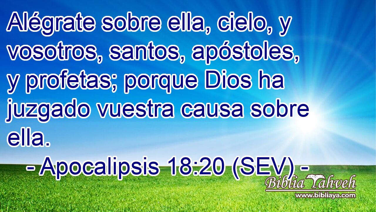 Alégrate sobre ella, cielo, y vosotros, santos, apóstoles, y profetas; porque Dios ha juzgado vuestra causa sobre ella.