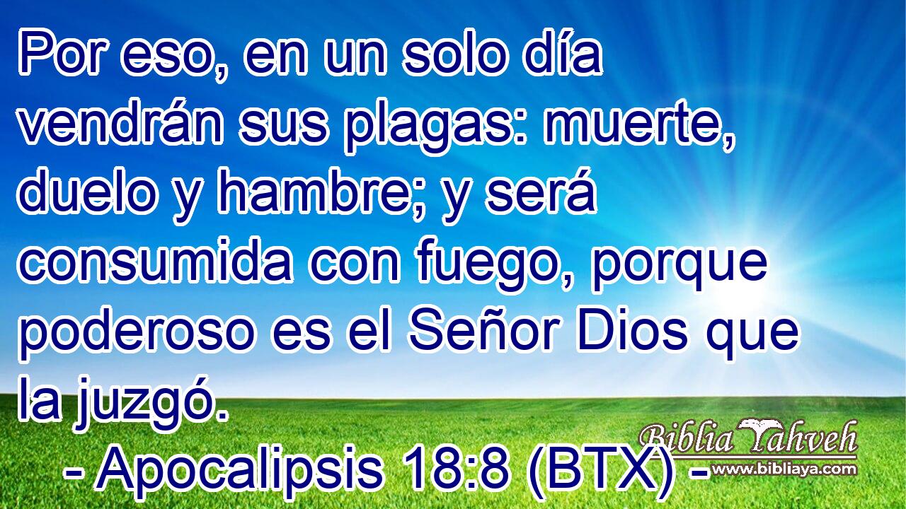 Por eso, en un solo día vendrán sus plagas: muerte, duelo y hambre; y será consumida con fuego, porque poderoso es el Señor Dios que la juzgó.