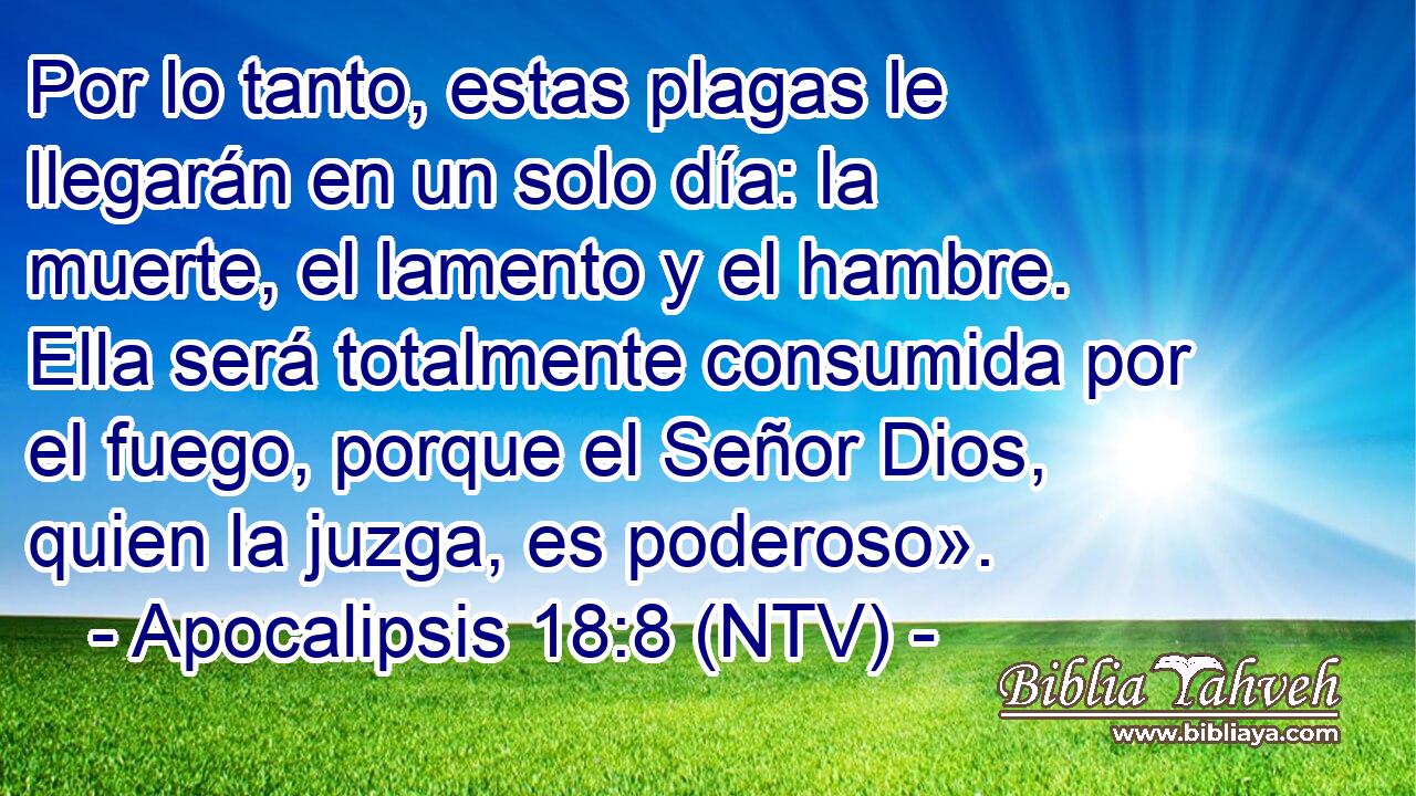Por lo tanto, estas plagas le llegarán en un solo día: la muerte, el lamento y el hambre. Ella será totalmente consumida por el fuego, porque el Señor Dios, quien la juzga, es poderoso».