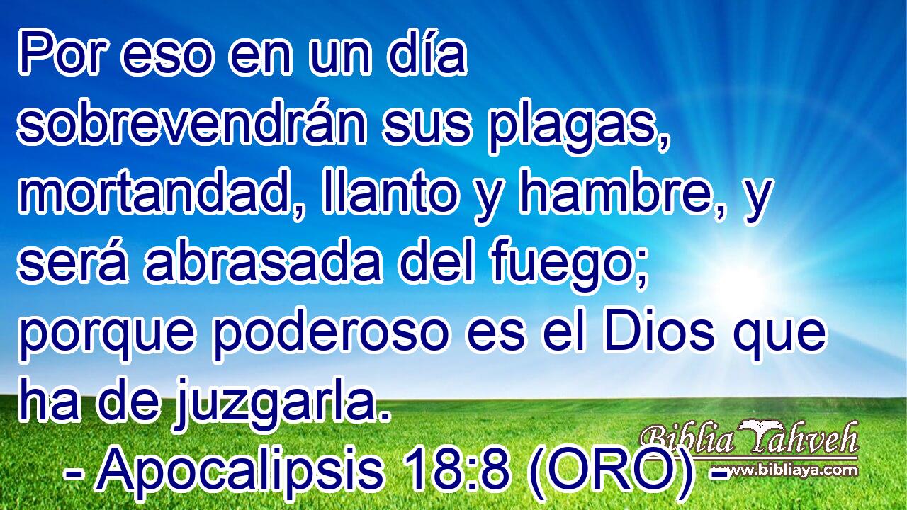  Por eso en un día sobrevendrán sus plagas, mortandad, llanto y hambre, y será abrasada del fuego; porque poderoso es el Dios que ha de juzgarla. 