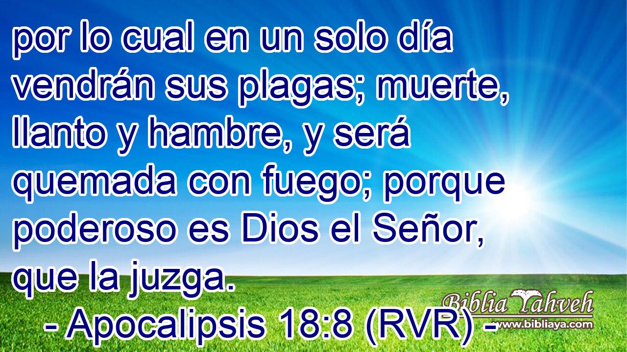 por lo cual en un solo día vendrán sus plagas; muerte, llanto y hambre, y será quemada con fuego; porque poderoso es Dios el Señor, que la juzga.