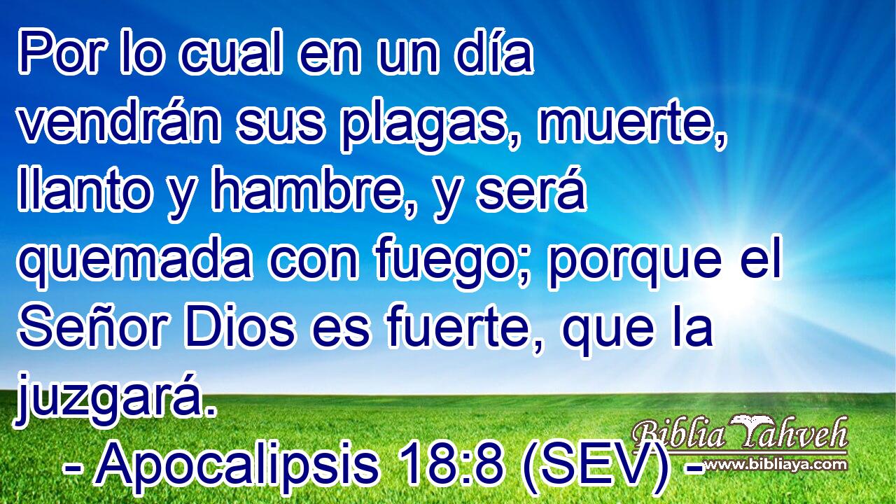 Por lo cual en un día vendrán sus plagas, muerte, llanto y hambre, y será quemada con fuego; porque el Señor Dios es fuerte, que la juzgará.
