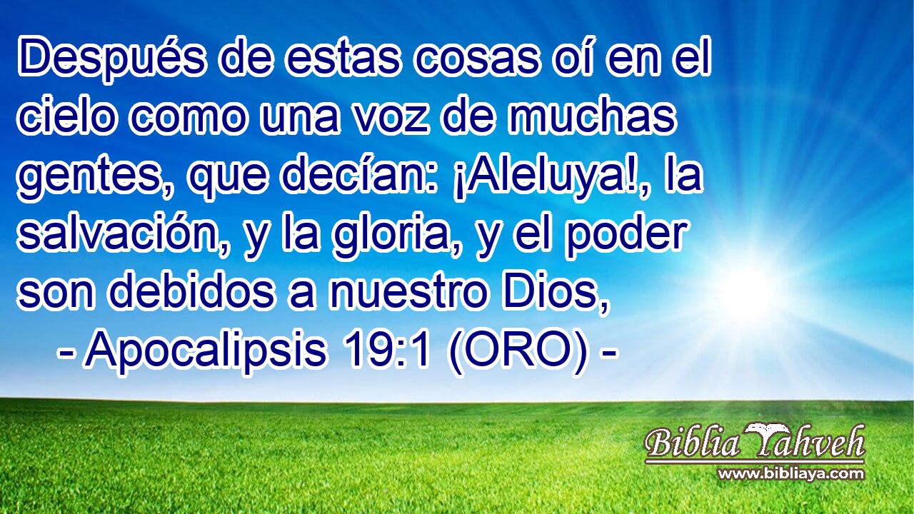  Después de estas cosas oí en el cielo como una voz de muchas gentes, que decían: ¡Aleluya!, la salvación, y la gloria, y el poder son debidos a nuestro Dios, 