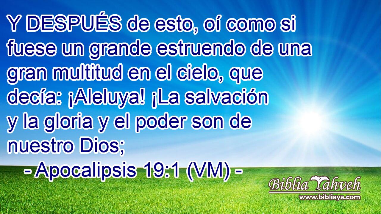  Y DESPUÉS de esto, oí como si fuese un grande estruendo de una gran multitud en el cielo, que decía: ¡Aleluya! ¡La salvación y la gloria y el poder son de nuestro Dios; 
