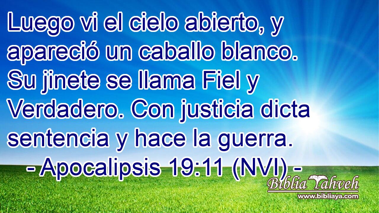  Luego vi el cielo abierto, y apareció un caballo blanco. Su jinete se llama Fiel y Verdadero. Con justicia dicta sentencia y hace la guerra. 