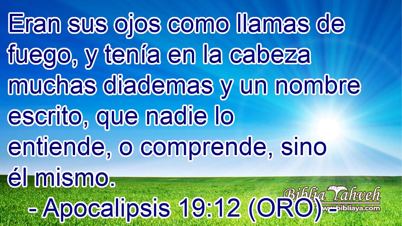  Eran sus ojos como llamas de fuego, y tenía en la cabeza muchas diademas y un nombre escrito, que nadie lo entiende, o comprende, sino él mismo. 