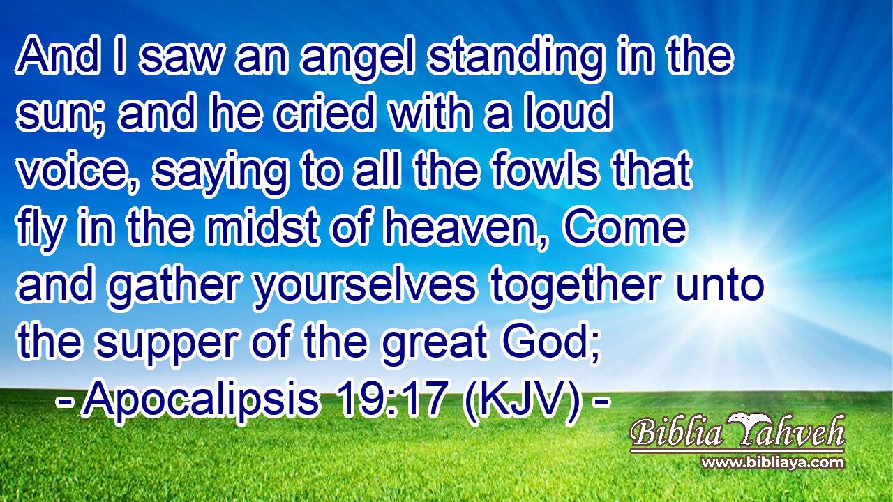 And I saw an angel standing in the sun; and he cried with a loud voice, saying to all the fowls that fly in the midst of heaven, Come and gather yourselves together unto the supper of the great God;