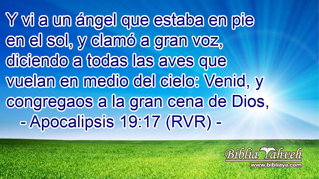 Y vi a un ángel que estaba en pie en el sol, y clamó a gran voz, diciendo a todas las aves que vuelan en medio del cielo: Venid, y congregaos a la gran cena de Dios,