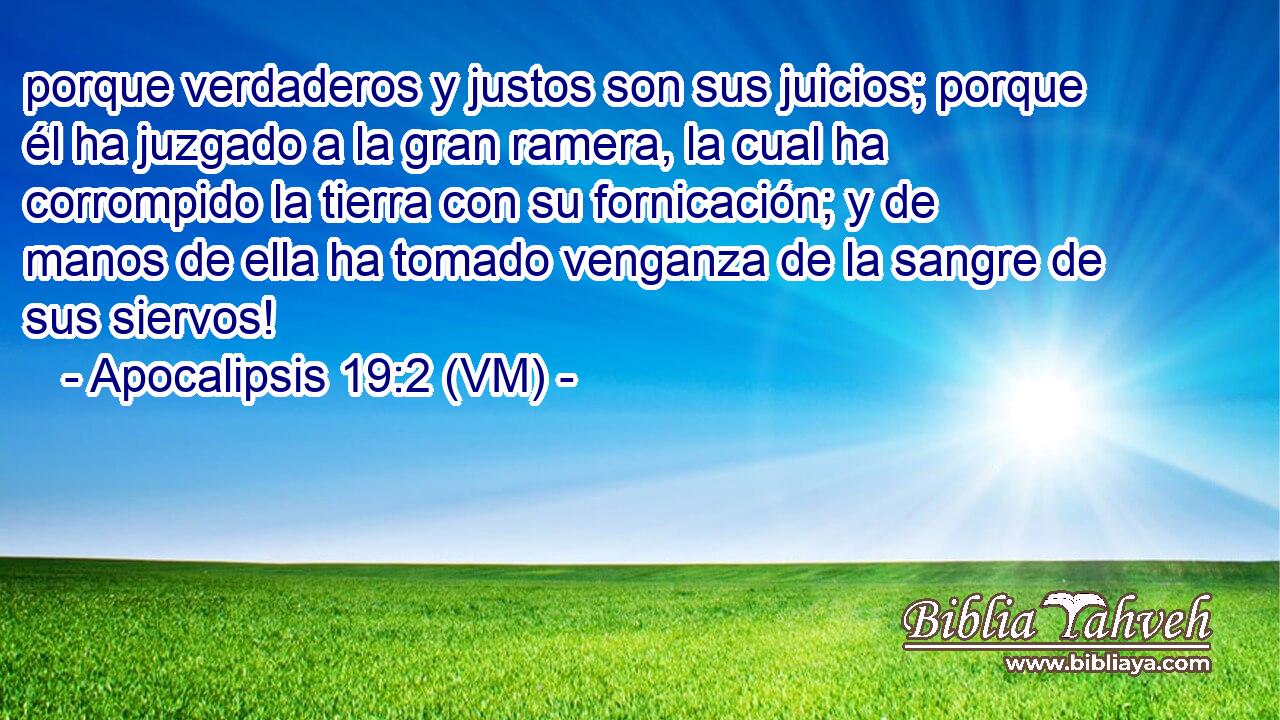  porque verdaderos y justos son sus juicios; porque él ha juzgado a la gran ramera, la cual ha corrompido la tierra con su fornicación; y de manos de ella ha tomado venganza de la sangre de sus siervos! 