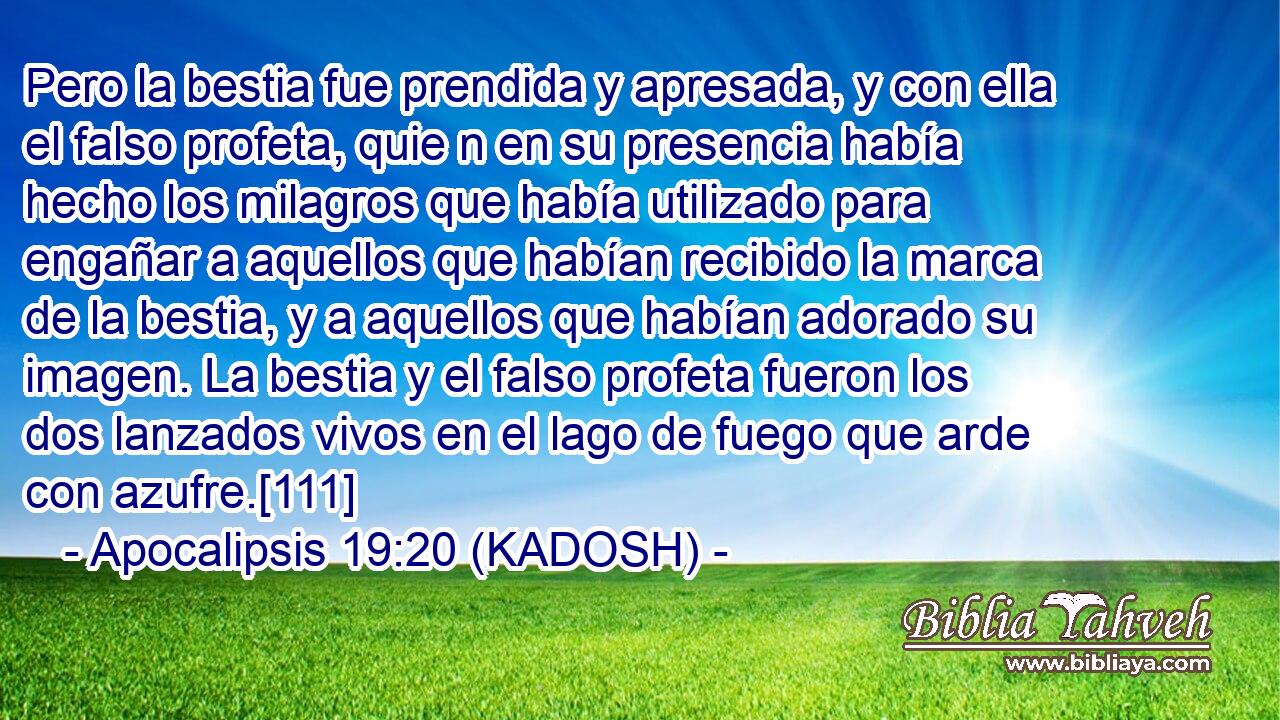  Pero la bestia fue prendida y apresada, y con ella el falso profeta, quie n en su presencia había hecho los milagros que había utilizado para engañar a aquellos que habían recibido la marca de la bestia, y a aquellos que habían adorado su imagen. La bestia y el falso profeta fueron los dos lanzados vivos en el lago de fuego que arde con azufre.[111] 