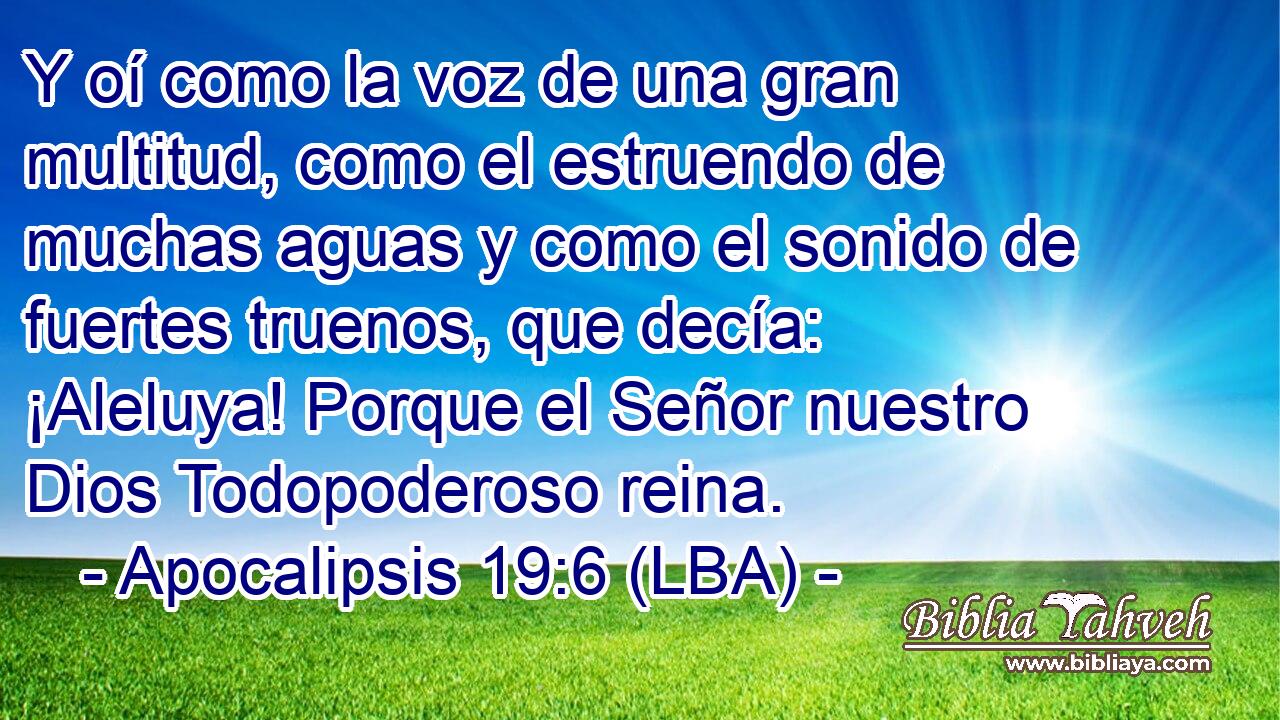 Y oí como la voz de una gran multitud, como el estruendo de muchas aguas y como el sonido de fuertes truenos, que decía: ¡Aleluya! Porque el Señor nuestro Dios Todopoderoso reina.