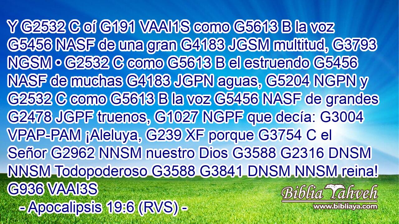 Y G2532 C oí G191 VAAI1S como G5613 B la voz G5456 NASF de una gran G4183 JGSM multitud, G3793 NGSM • G2532 C como G5613 B el estruendo G5456 NASF de muchas G4183 JGPN aguas, G5204 NGPN y G2532 C como G5613 B la voz G5456 NASF de grandes G2478 JGPF truenos, G1027 NGPF que decía: G3004 VPAP-PAM ¡Aleluya, G239 XF porque G3754 C el Señor G2962 NNSM nuestro Dios G3588 G2316 DNSM NNSM Todopoderoso G3588 G3841 DNSM NNSM reina! G936 VAAI3S 