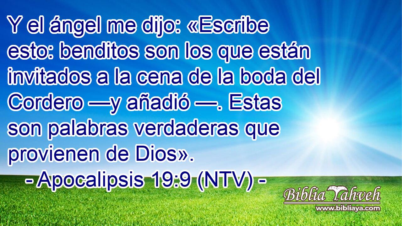 Y el ángel me dijo: «Escribe esto: benditos son los que están invitados a la cena de la boda del Cordero —y añadió —. Estas son palabras verdaderas que provienen de Dios».