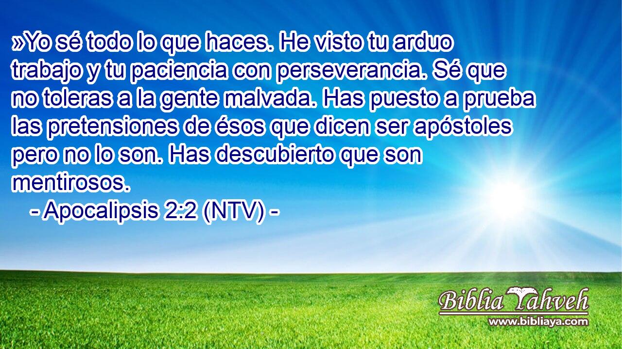 »Yo sé todo lo que haces. He visto tu arduo trabajo y tu paciencia con perseverancia. Sé que no toleras a la gente malvada. Has puesto a prueba las pretensiones de ésos que dicen ser apóstoles pero no lo son. Has descubierto que son mentirosos.