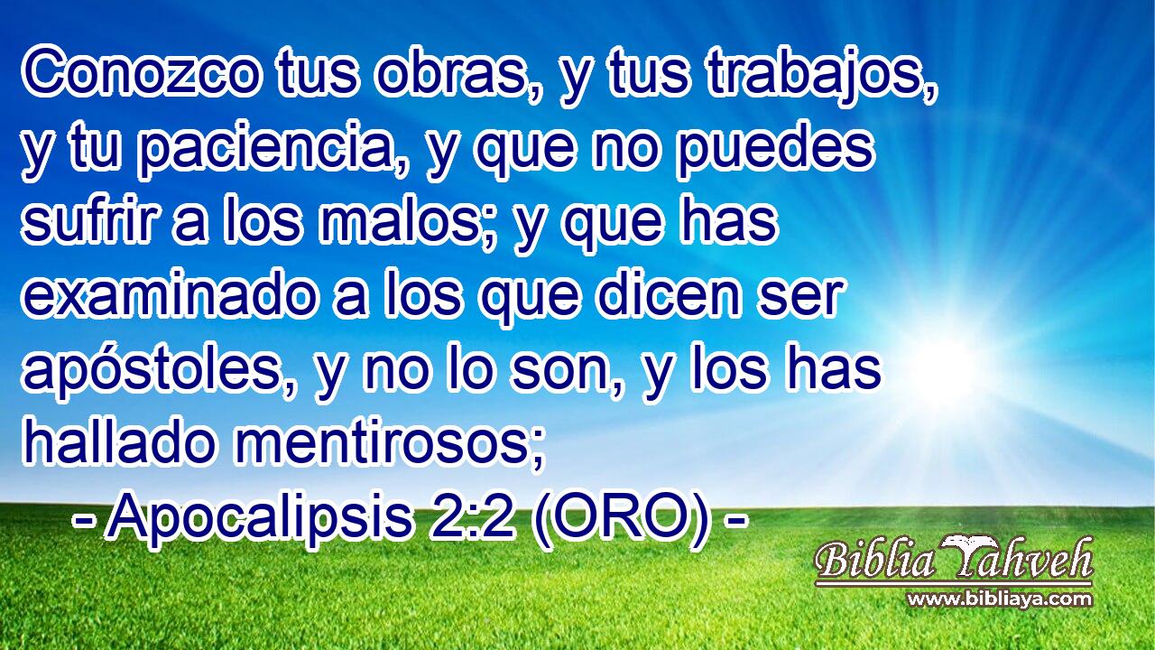 Conozco tus obras, y tus trabajos, y tu paciencia, y que no puedes sufrir a los malos; y que has examinado a los que dicen ser apóstoles, y no lo son, y los has hallado mentirosos; 