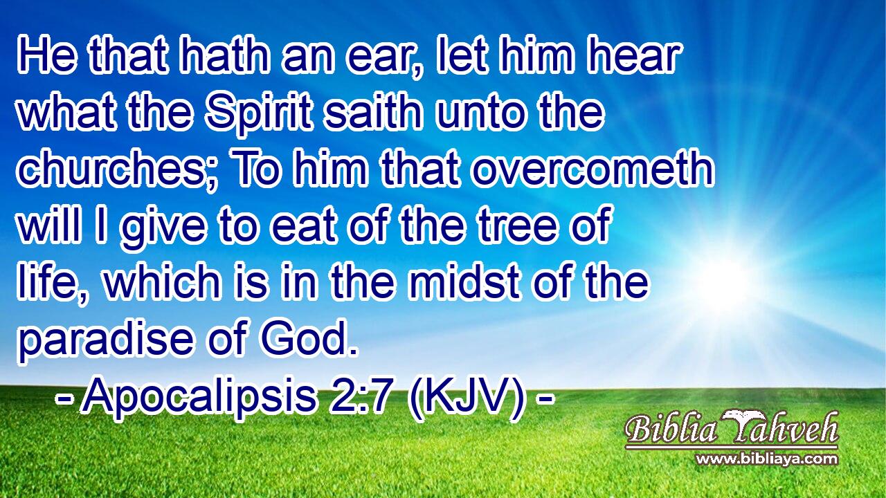 He that hath an ear, let him hear what the Spirit saith unto the churches; To him that overcometh will I give to eat of the tree of life, which is in the midst of the paradise of God.