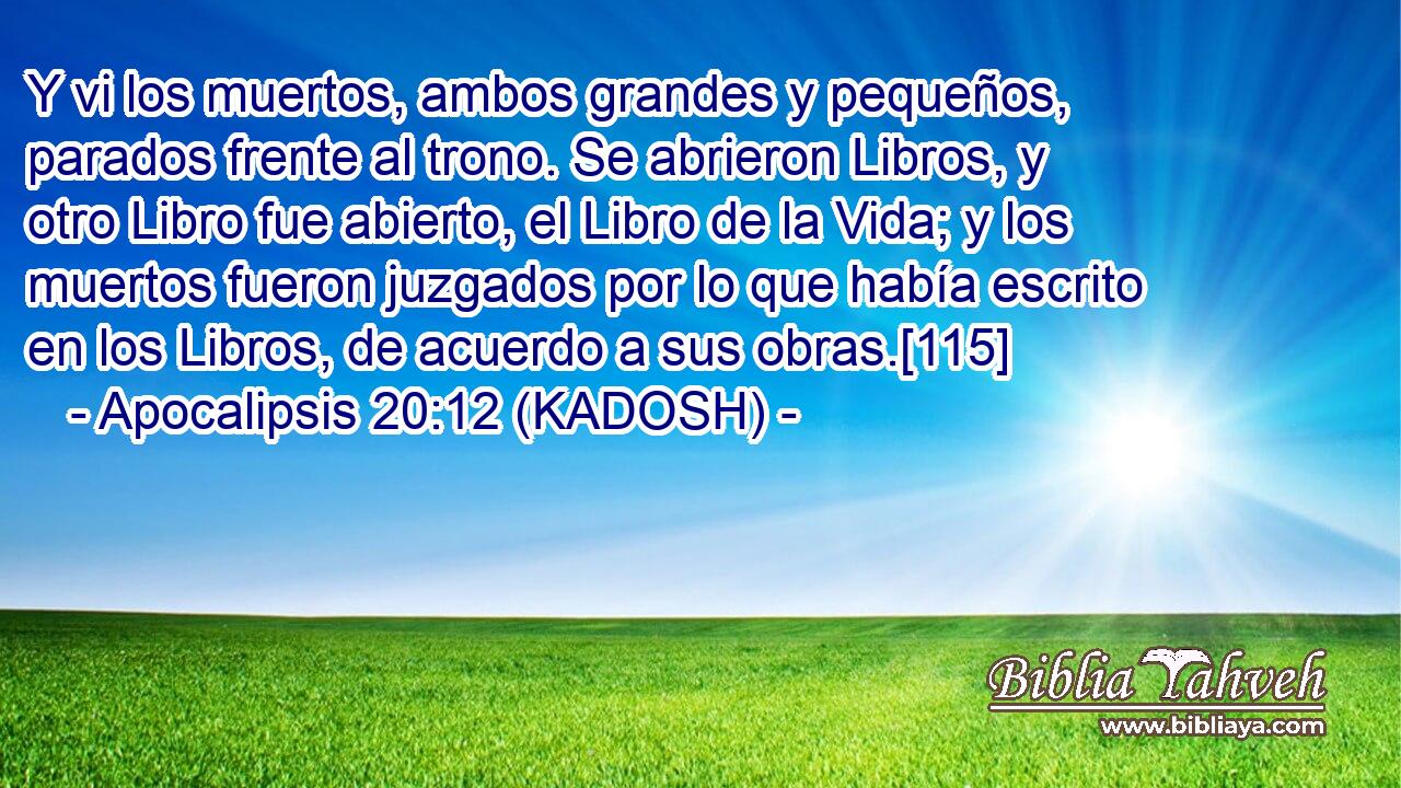  Y vi los muertos, ambos grandes y pequeños, parados frente al trono. Se abrieron Libros, y otro Libro fue abierto, el Libro de la Vida; y los muertos fueron juzgados por lo que había escrito en los Libros, de acuerdo a sus obras.[115] 