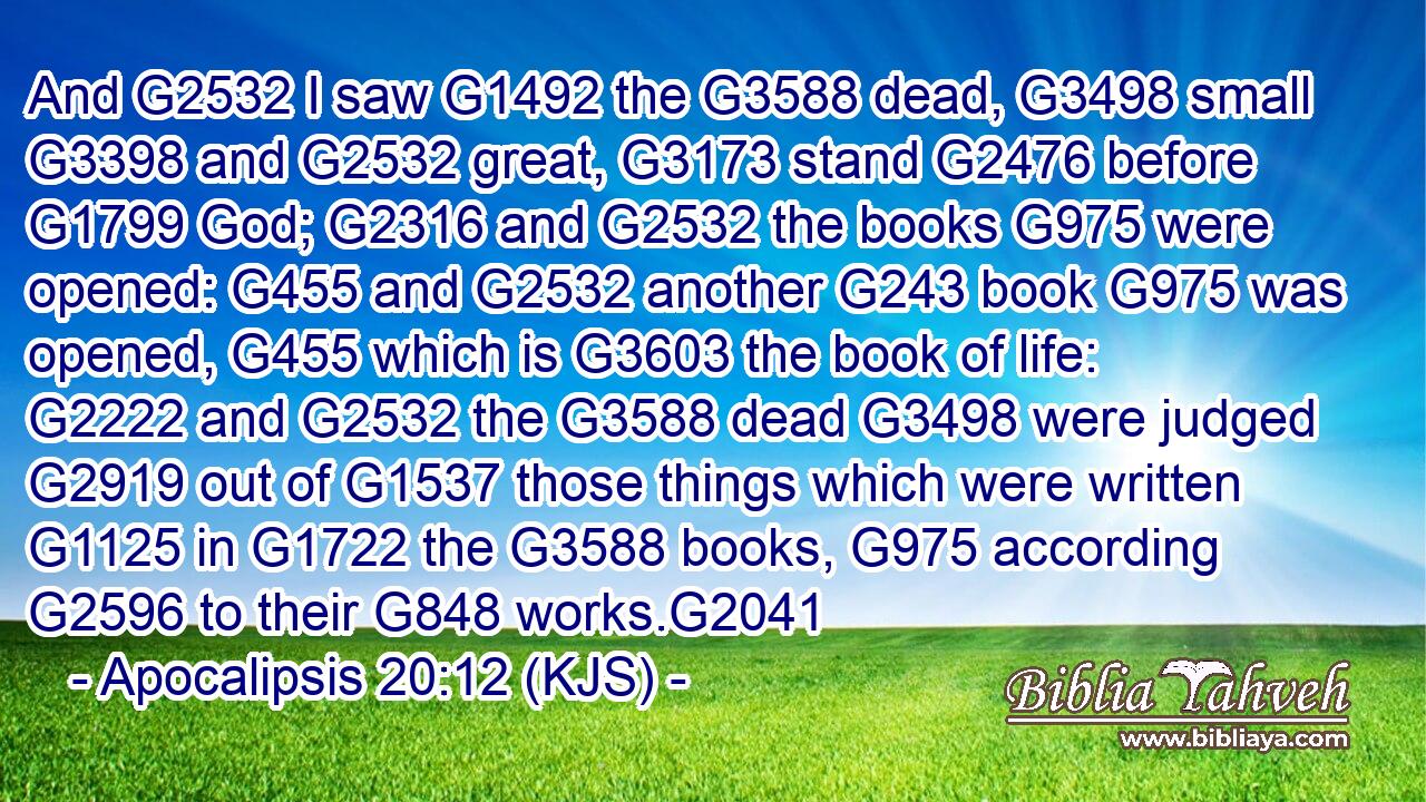 And G2532 I saw G1492 the G3588 dead, G3498 small G3398 and G2532 great, G3173 stand G2476 before G1799 God; G2316 and G2532 the books G975 were opened: G455 and G2532 another G243 book G975 was opened, G455 which is G3603 the book of life: G2222 and G2532 the G3588 dead G3498 were judged G2919 out of G1537 those things which were written G1125 in G1722 the G3588 books, G975 according G2596 to their G848 works.G2041