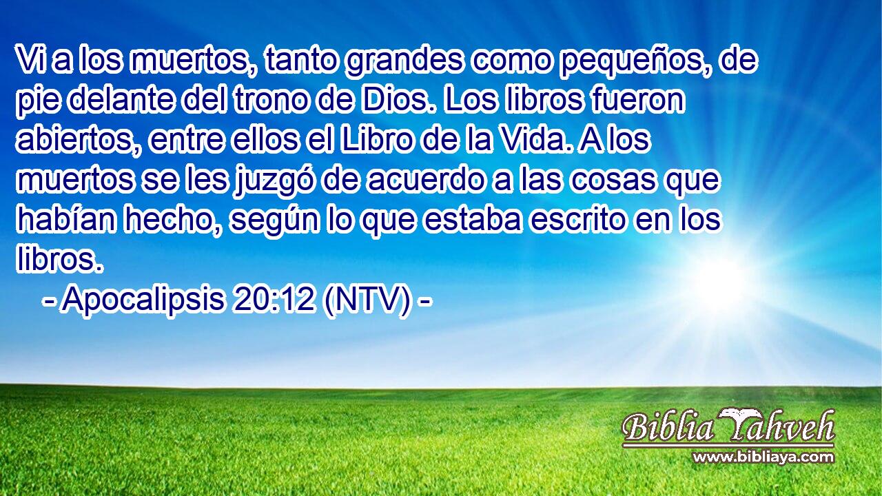 Vi a los muertos, tanto grandes como pequeños, de pie delante del trono de Dios. Los libros fueron abiertos, entre ellos el Libro de la Vida. A los muertos se les juzgó de acuerdo a las cosas que habían hecho, según lo que estaba escrito en los libros.